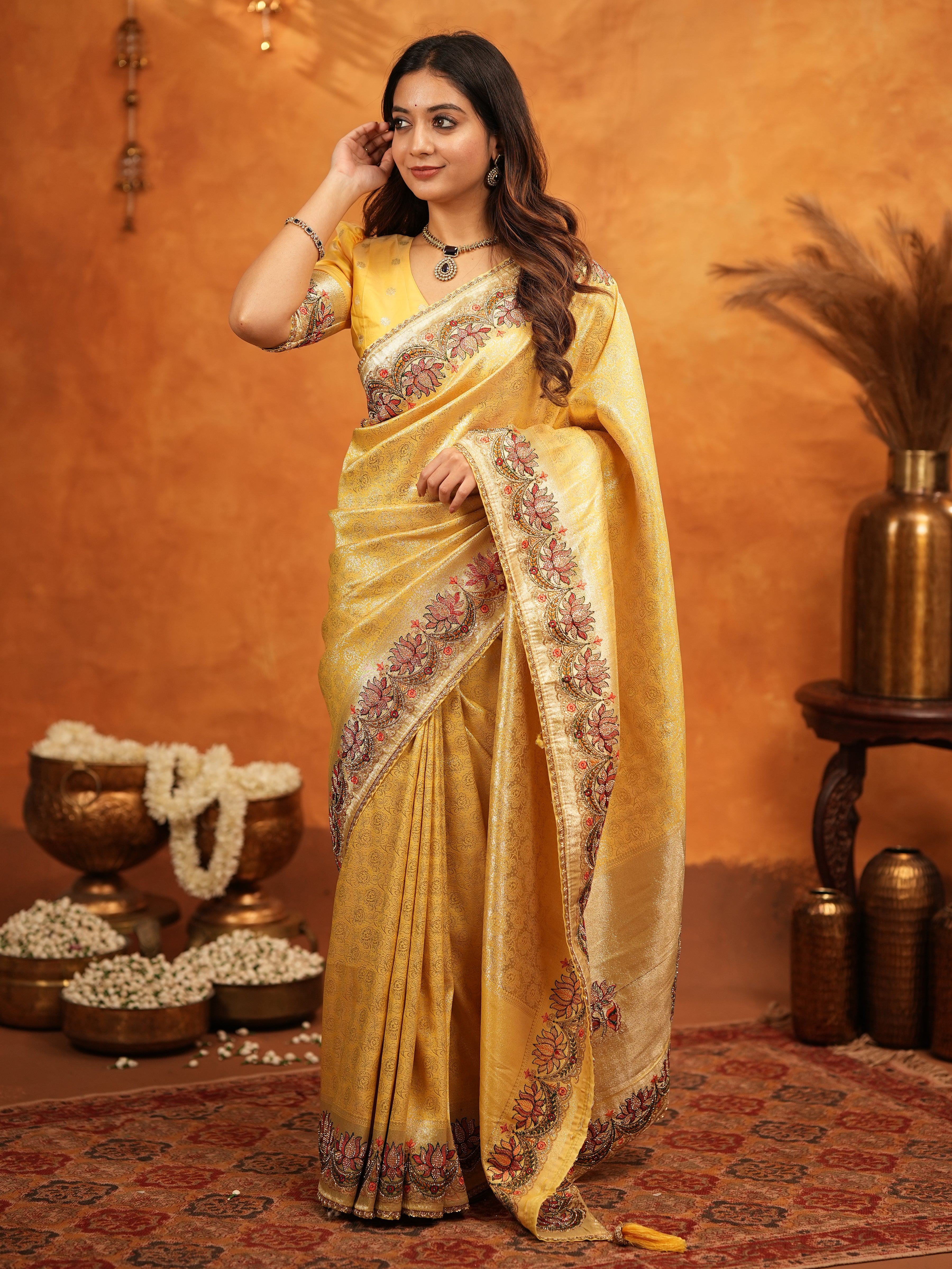 Mustard Yellow Banarasi Silk Embroidered Saree with Floral Border & Zari Weaving | Heavy Embroidered Blouse with Tassels | Wedding & Festive Wear Saree
