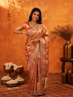 Rose Gold Banarasi Silk Saree with Floral Zari Butti & Scalloped Embroidered Border | Premium Wedding & Festive Wear Designer Saree