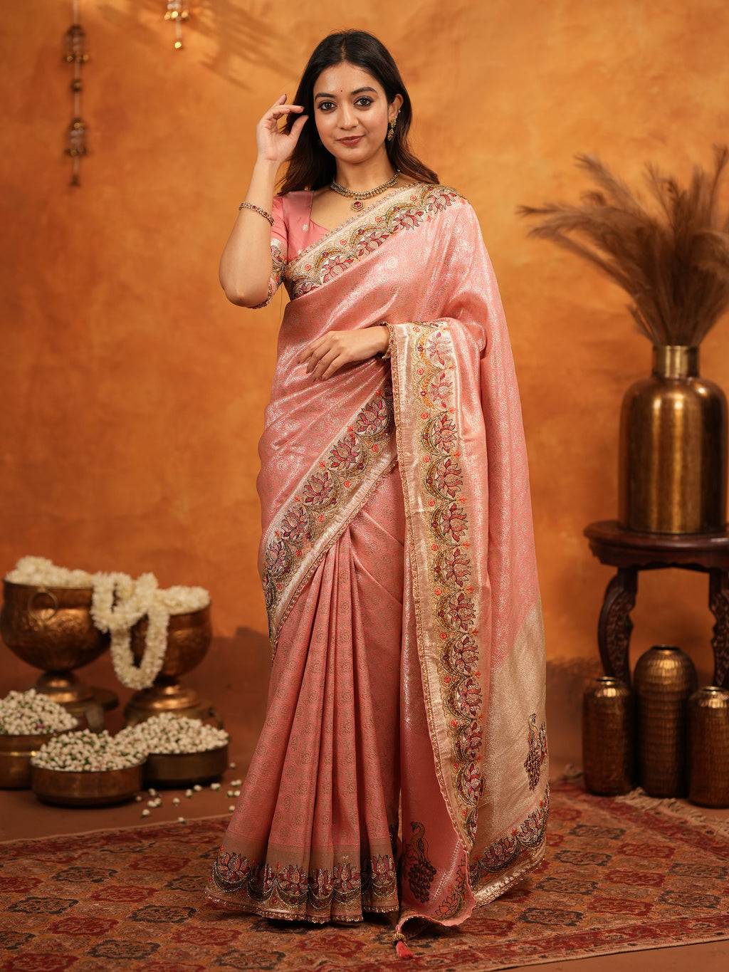 Peach Pink Banarasi Silk Embroidered Saree with Floral Border & Zari Weaving | Heavy Embroidered Blouse with Tassels | Wedding & Festive Wear Saree