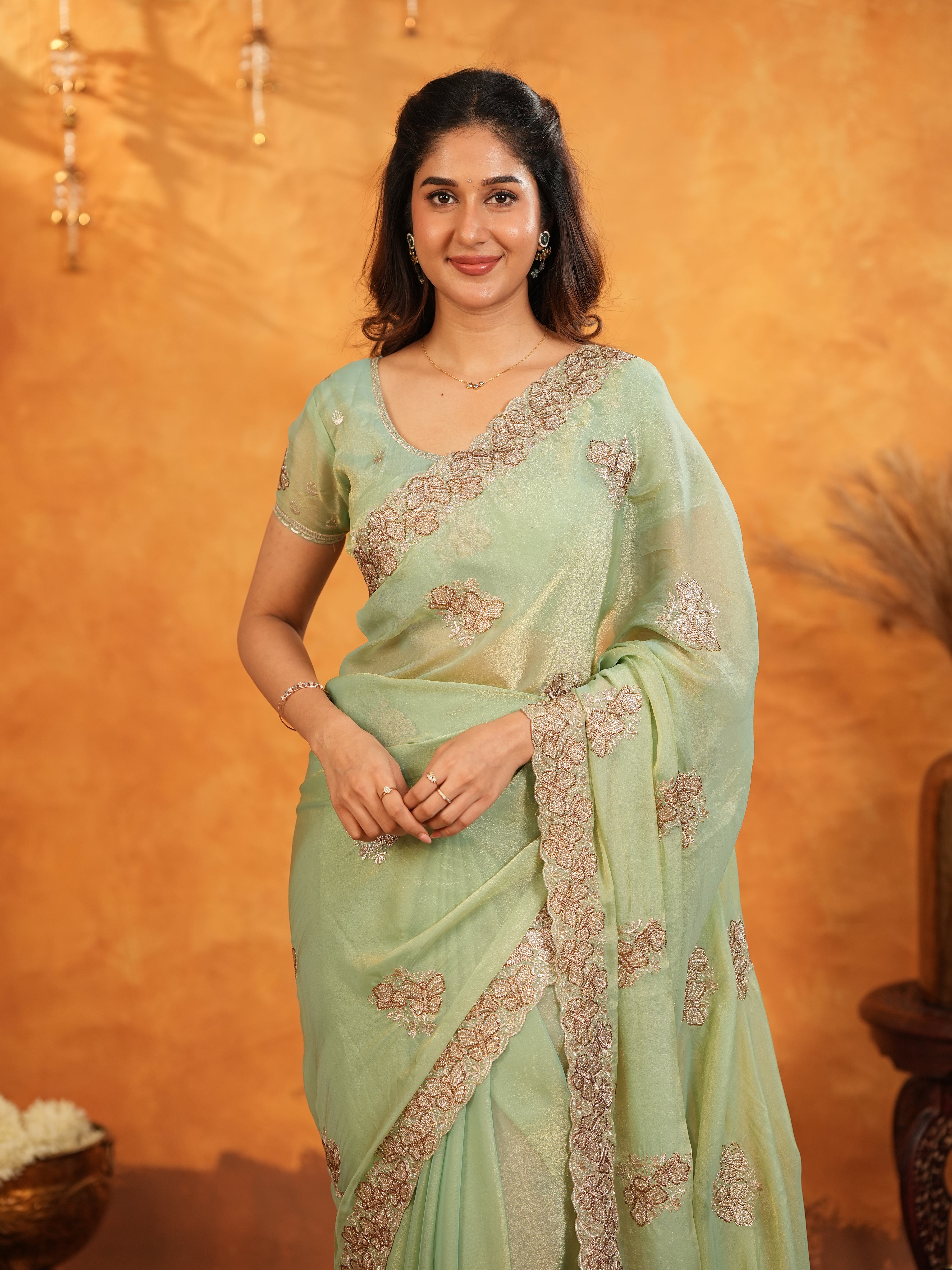 Mint Green Fendy Satin Embroidered Saree with Elegant Floral Work & Tassels | Soft Pastel Designer Saree with Heavy Embroidered Blouse