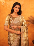 Antique Gold Banarasi Silk Saree with Floral Zari Butti & Scalloped Embroidered Border | Elegant Wedding & Festive Wear Designer Saree