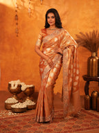Rust Orange Banarasi Silk Saree with Floral Zari Butti & Scalloped Embroidered Border | Designer Wedding & Festive Wear Saree with Blouse