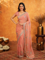 Peach Pink Fendy Satin Embroidered Saree with Rich Floral Border & Tassels | Elegant Pastel Designer Saree with Heavy Embroidered Blouse