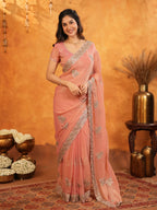 Peach Pink Fendy Satin Embroidered Saree with Rich Floral Border & Tassels | Elegant Pastel Designer Saree with Heavy Embroidered Blouse