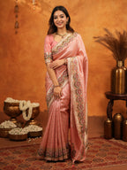 Peach Pink Banarasi Silk Embroidered Saree with Floral Border & Zari Weaving | Heavy Embroidered Blouse with Tassels | Wedding & Festive Wear Saree