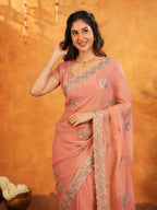 Peach Pink Fendy Satin Embroidered Saree with Rich Floral Border & Tassels | Elegant Pastel Designer Saree with Heavy Embroidered Blouse