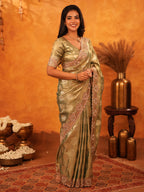 Olive Gold Banarasi Silk Saree with Floral Zari Butti & Scalloped Embroidered Border | Elegant Wedding & Festive Designer Saree