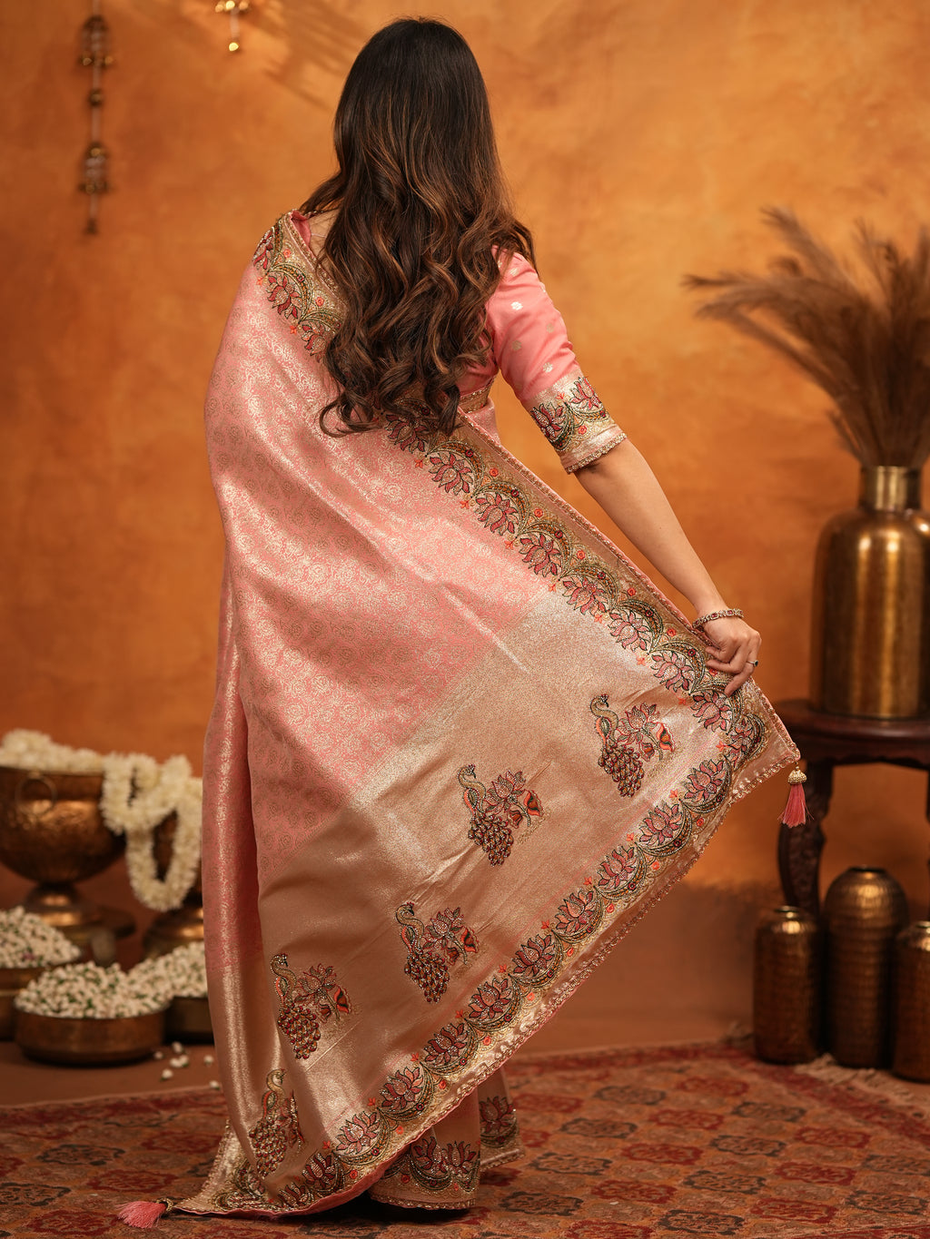 Peach Pink Banarasi Silk Embroidered Saree with Floral Border & Zari Weaving | Heavy Embroidered Blouse with Tassels | Wedding & Festive Wear Saree