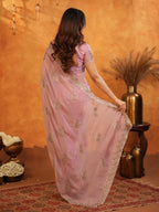 Pastel Baby Pink Fendy Satin Embroidered Saree with Rich Floral Border & Tassels | Elegant Designer Saree with Heavy Embroidered Blouse