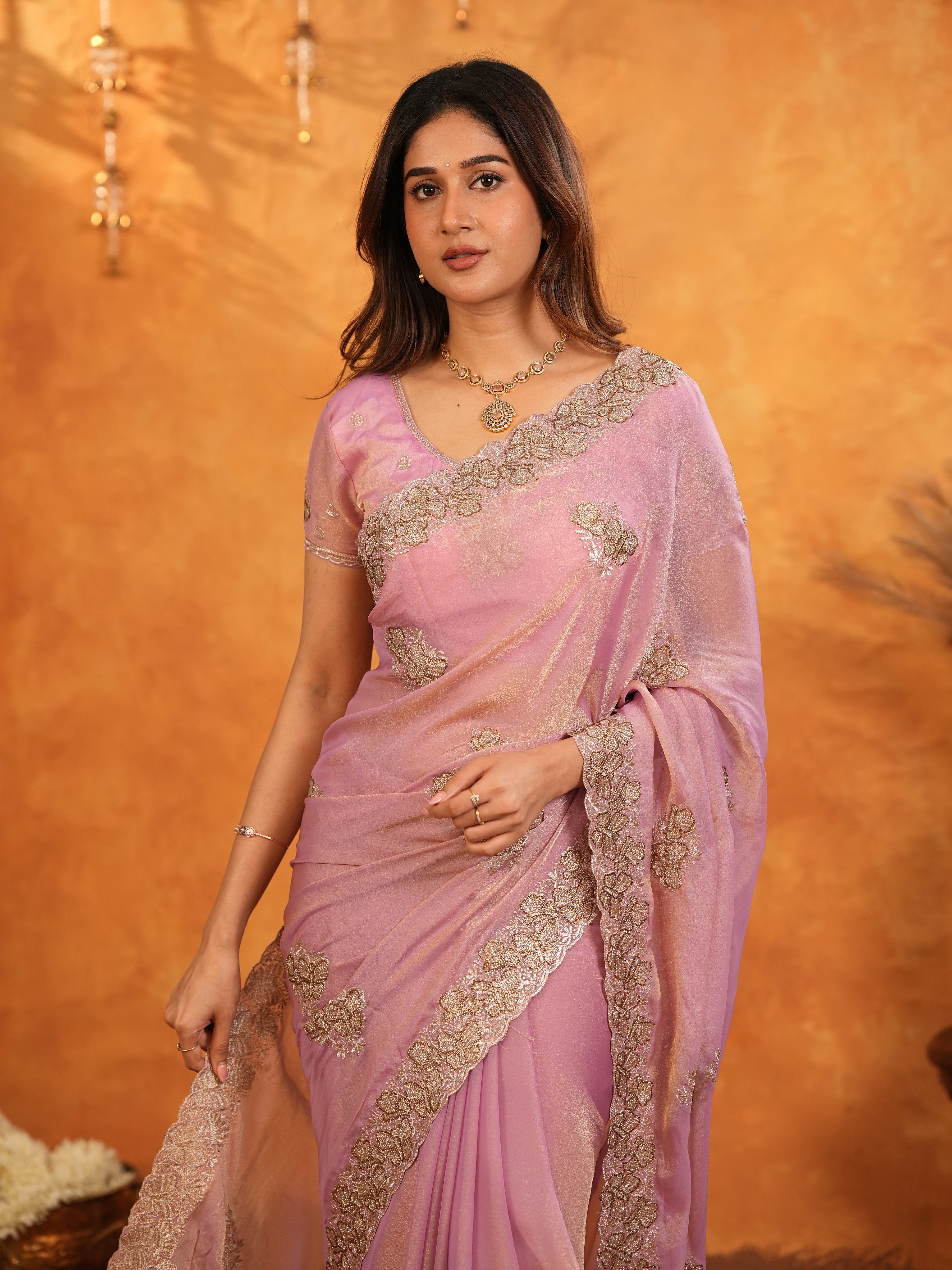 Pastel Baby Pink Fendy Satin Embroidered Saree with Rich Floral Border & Tassels | Elegant Designer Saree with Heavy Embroidered Blouse