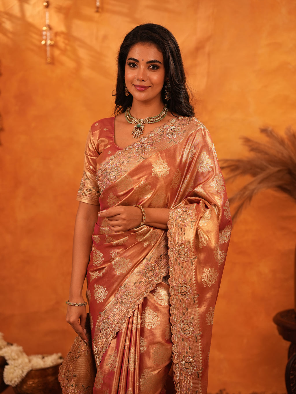 Rose Gold Banarasi Silk Saree with Floral Zari Butti & Scalloped Embroidered Border | Premium Wedding & Festive Wear Designer Saree