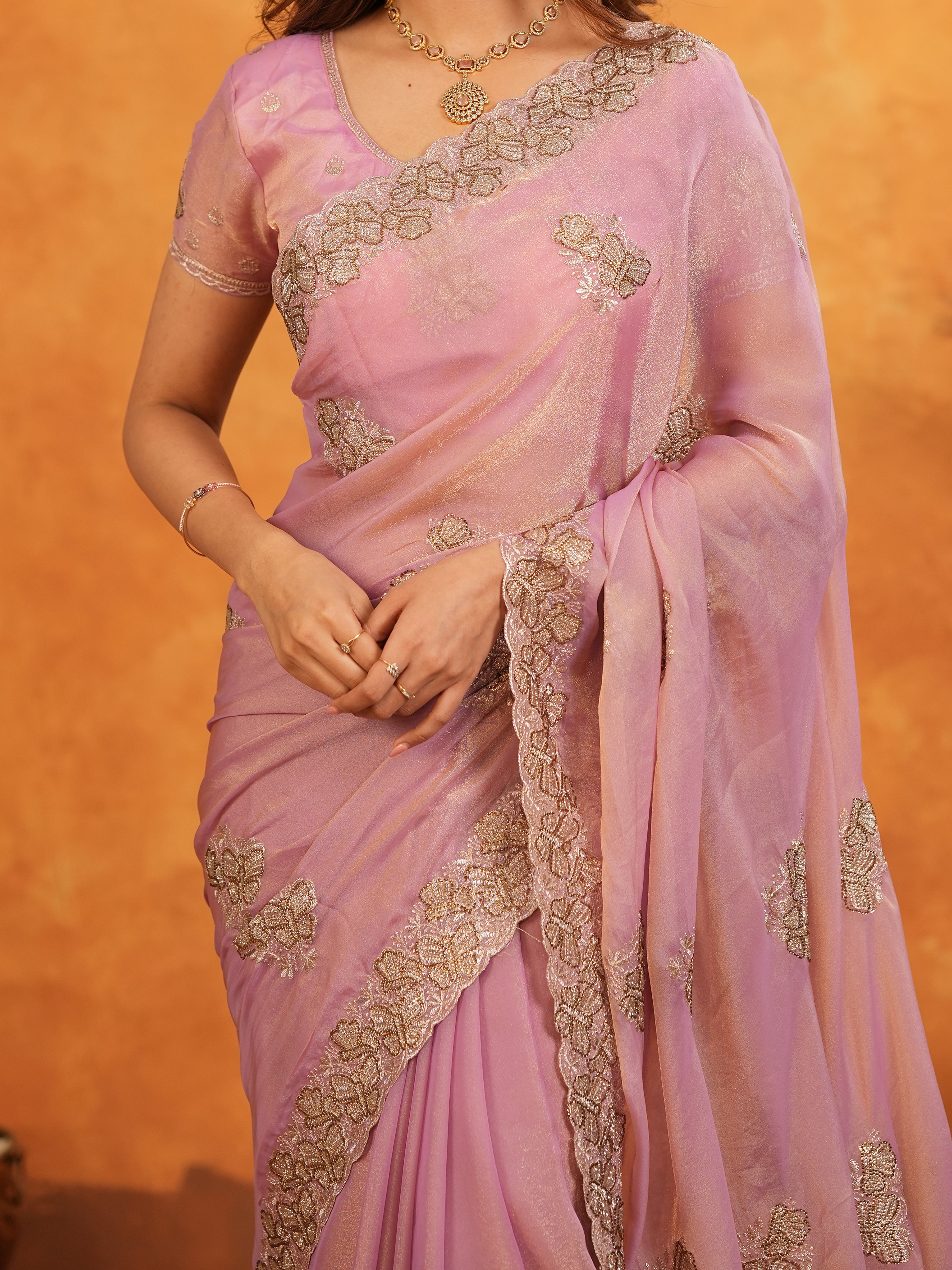 Pastel Baby Pink Fendy Satin Embroidered Saree with Rich Floral Border & Tassels | Elegant Designer Saree with Heavy Embroidered Blouse