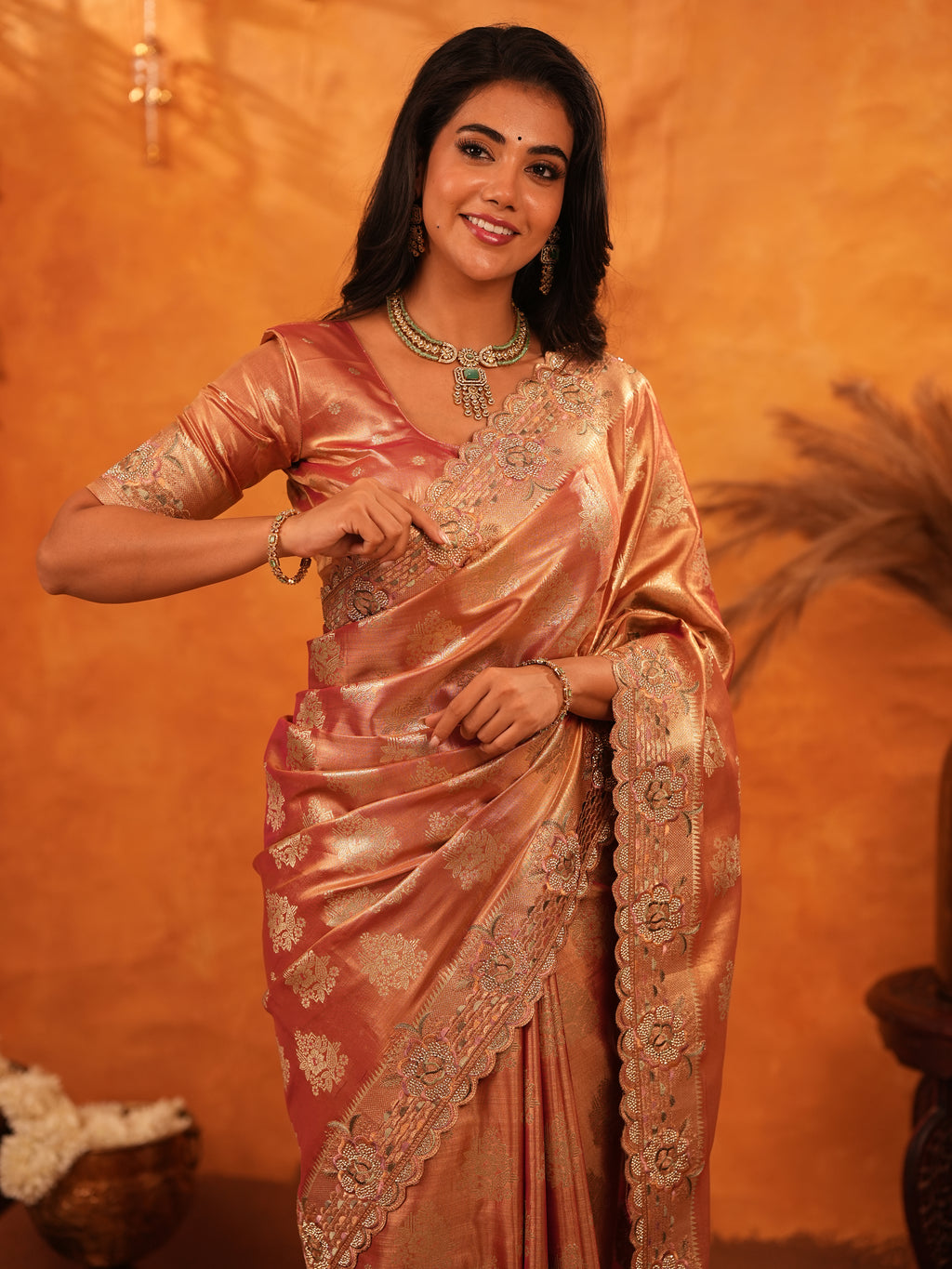 Rose Gold Banarasi Silk Saree with Floral Zari Butti & Scalloped Embroidered Border | Premium Wedding & Festive Wear Designer Saree