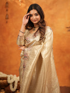 Champagne Gold Banarasi Silk Embroidered Saree with Paisley Border & Zari Weaving | Heavy Embroidered Blouse with Tassels | Wedding & Festive Wear Saree
