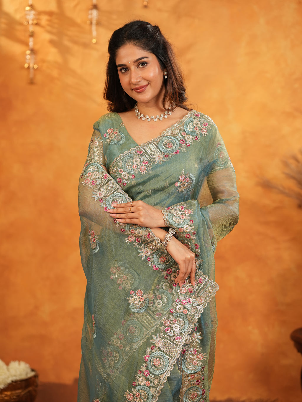 Teal Green Fendy Satin Embroidered Saree with Multicolor Floral Border & Tassels | Premium Designer Saree with Heavy Embroidered Blouse