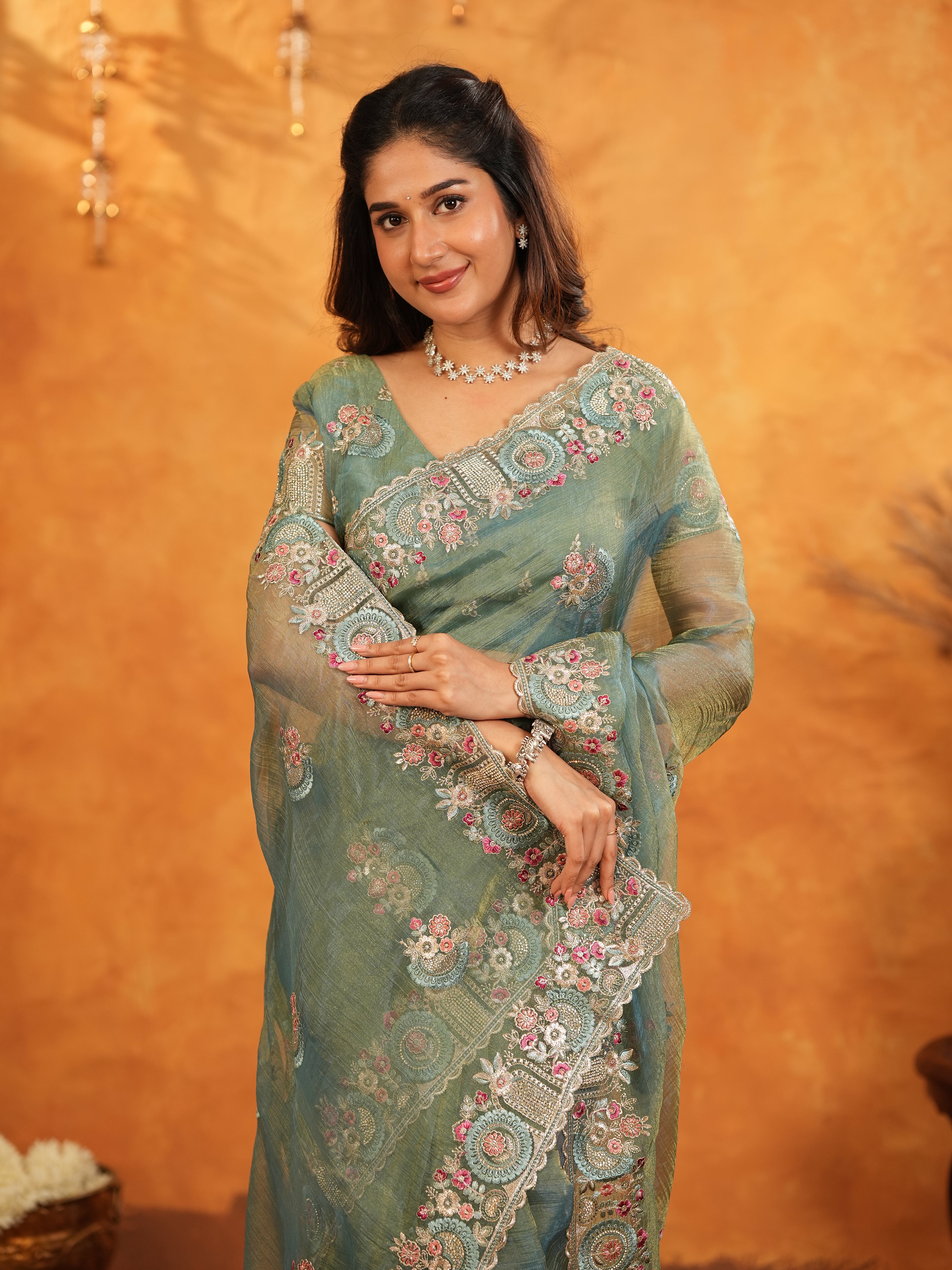 Teal Green Fendy Satin Embroidered Saree with Multicolor Floral Border & Tassels | Premium Designer Saree with Heavy Embroidered Blouse