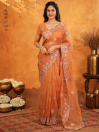 Burnt Orange Fendy Satin Embroidered Saree with Intricate Floral Border & Tassels | Premium Designer Saree with Heavy Embroidered Blouse