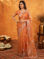 Burnt Orange Fendy Satin Embroidered Saree with Intricate Floral Border & Tassels | Premium Designer Saree with Heavy Embroidered Blouse