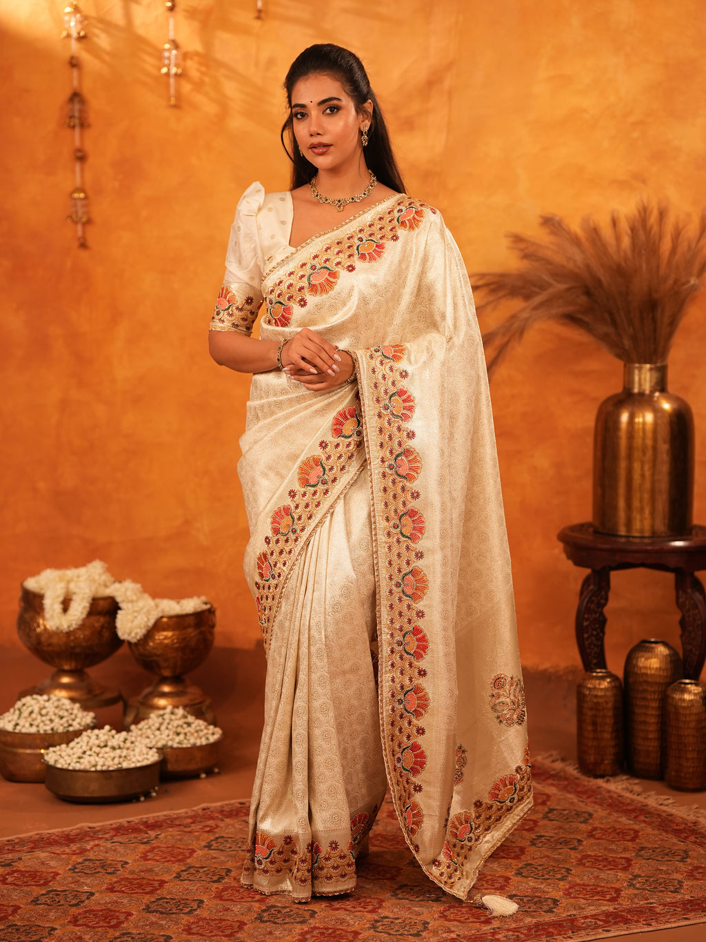 Elegant Cream Beige Banarasi Silk Saree with Multicolor Peacock Floral Embroidered Border & Zari Weaving | Premium Festive Wedding Wear Saree