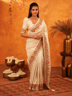 Elegant Cream Beige Banarasi Silk Saree with Multicolor Peacock Floral Embroidered Border & Zari Weaving | Premium Festive Wedding Wear Saree