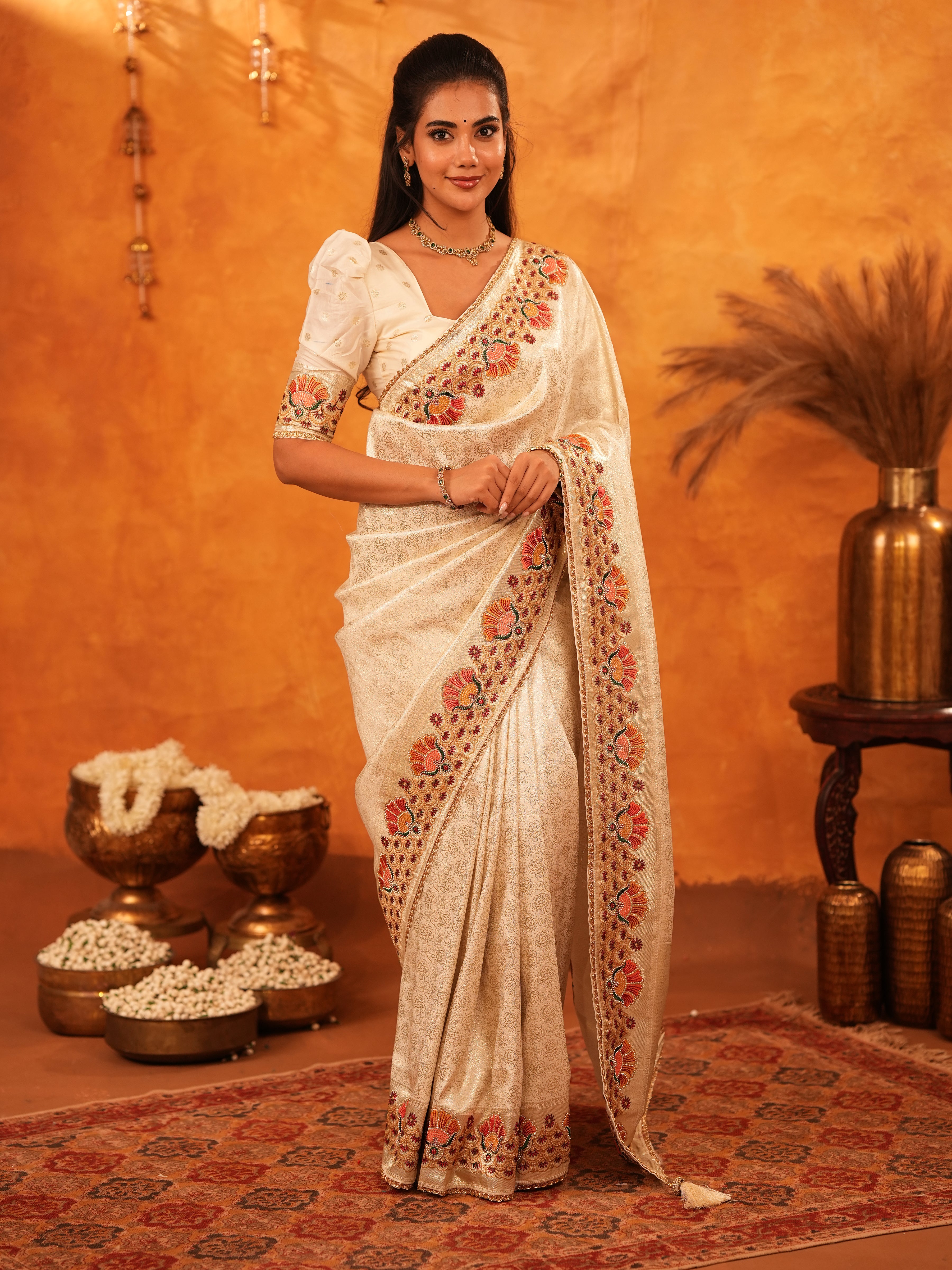 Elegant Cream Beige Banarasi Silk Saree with Multicolor Peacock Floral Embroidered Border & Zari Weaving | Premium Festive Wedding Wear Saree