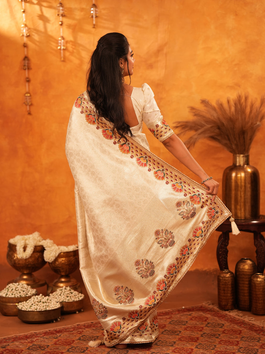 Elegant Cream Beige Banarasi Silk Saree with Multicolor Peacock Floral Embroidered Border & Zari Weaving | Premium Festive Wedding Wear Saree