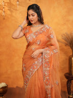 Burnt Orange Fendy Satin Embroidered Saree with Intricate Floral Border & Tassels | Premium Designer Saree with Heavy Embroidered Blouse