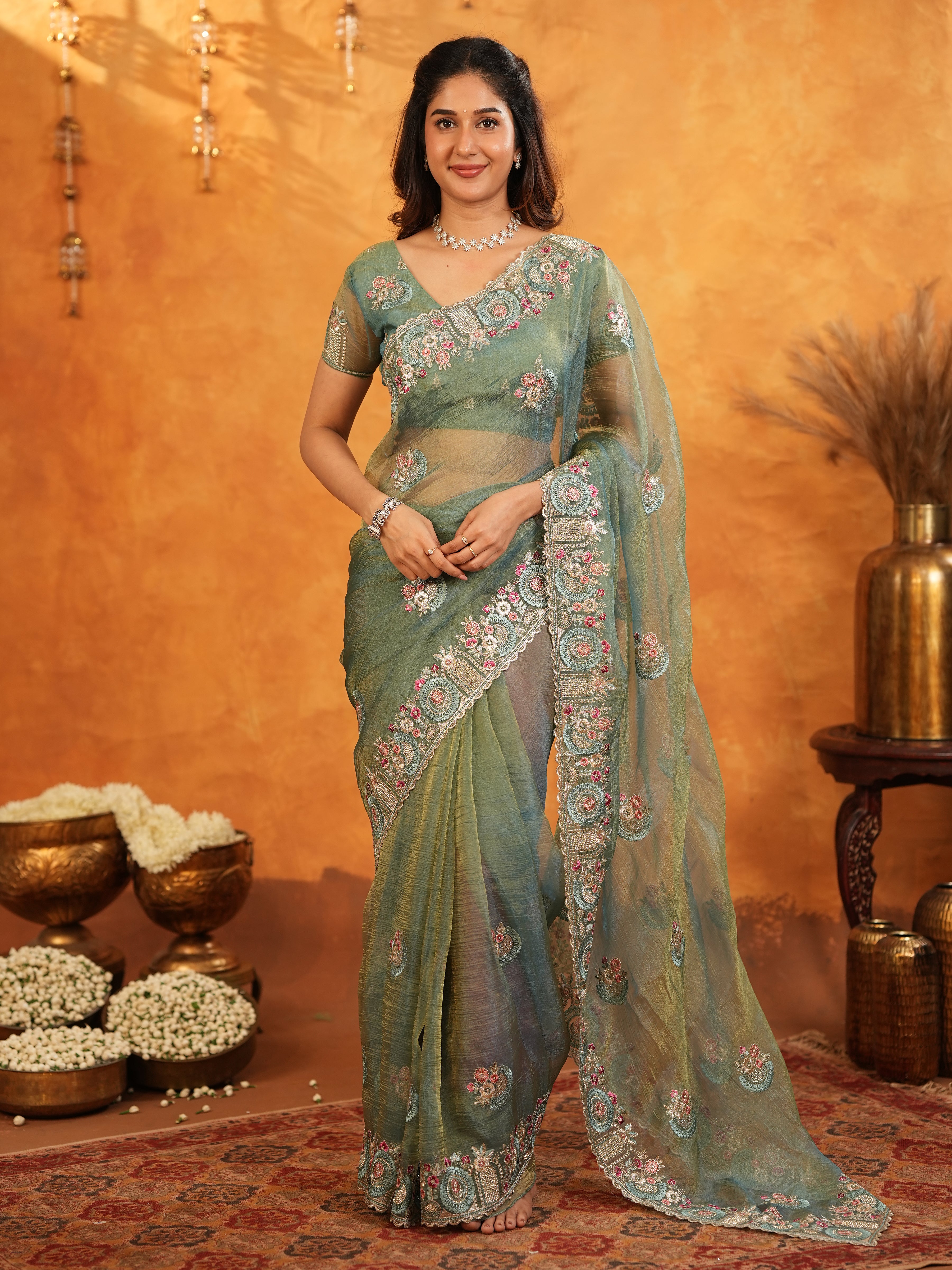 Teal Green Fendy Satin Embroidered Saree with Multicolor Floral Border & Tassels | Premium Designer Saree with Heavy Embroidered Blouse