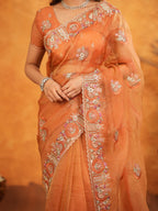 Burnt Orange Fendy Satin Embroidered Saree with Intricate Floral Border & Tassels | Premium Designer Saree with Heavy Embroidered Blouse