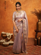 Mauve Pink Banarasi Silk Embroidered Saree with Paisley Border & Zari Weaving | Heavy Embroidered Blouse with Tassels | Wedding & Festive Wear Saree