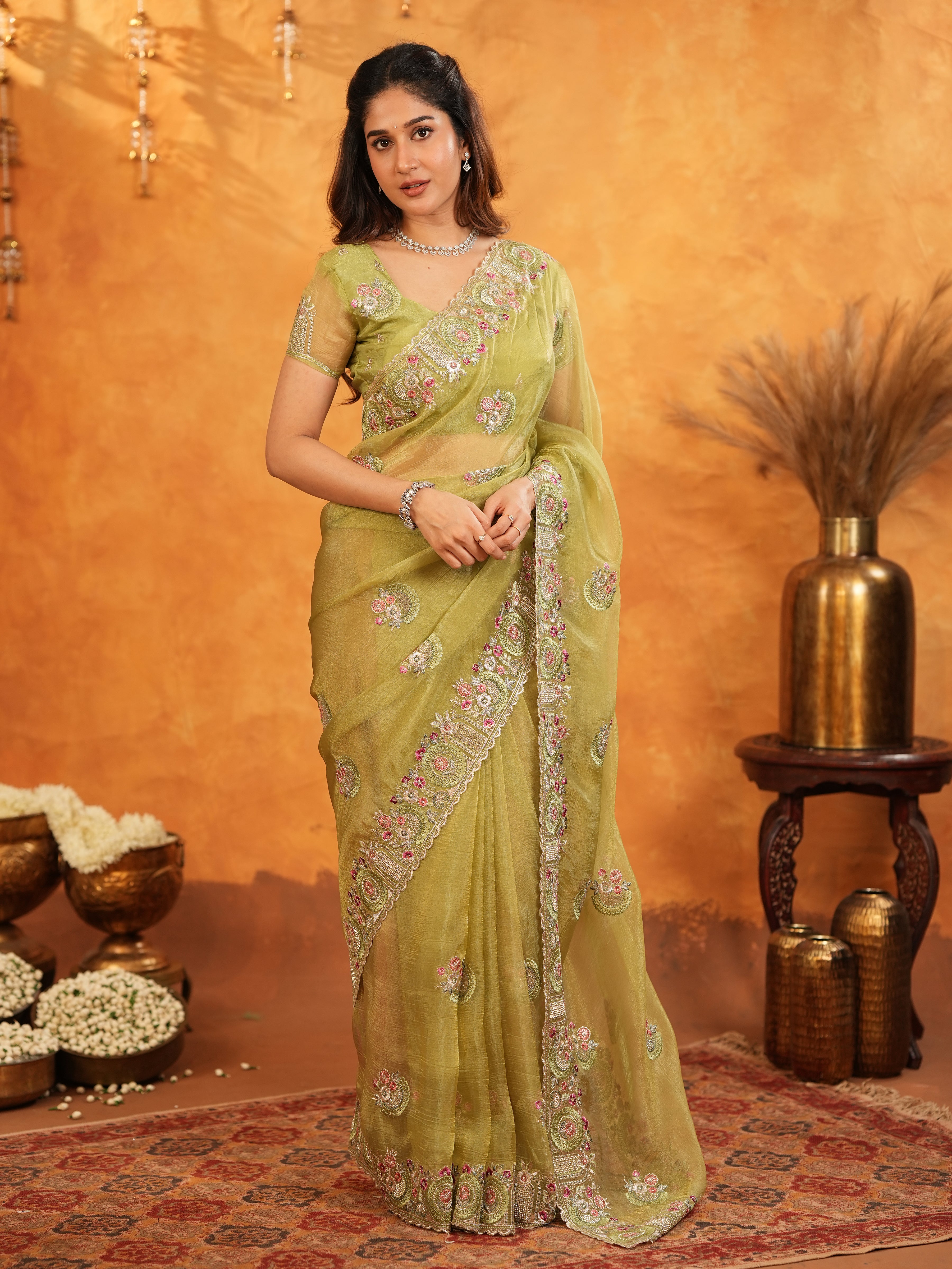 Olive Green Fendy Satin Embroidered Saree with Multicolor Floral Border & Tassels | Premium Designer Saree with Heavy Embroidered Blouse