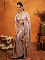 Mauve Pink Banarasi Silk Embroidered Saree with Paisley Border & Zari Weaving | Heavy Embroidered Blouse with Tassels | Wedding & Festive Wear Saree