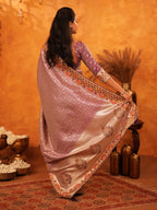 Lavender Purple Banarasi Silk Saree with Peacock Floral Embroidered Border & Zari Weaving | Premium Festive & Wedding Wear Designer Saree