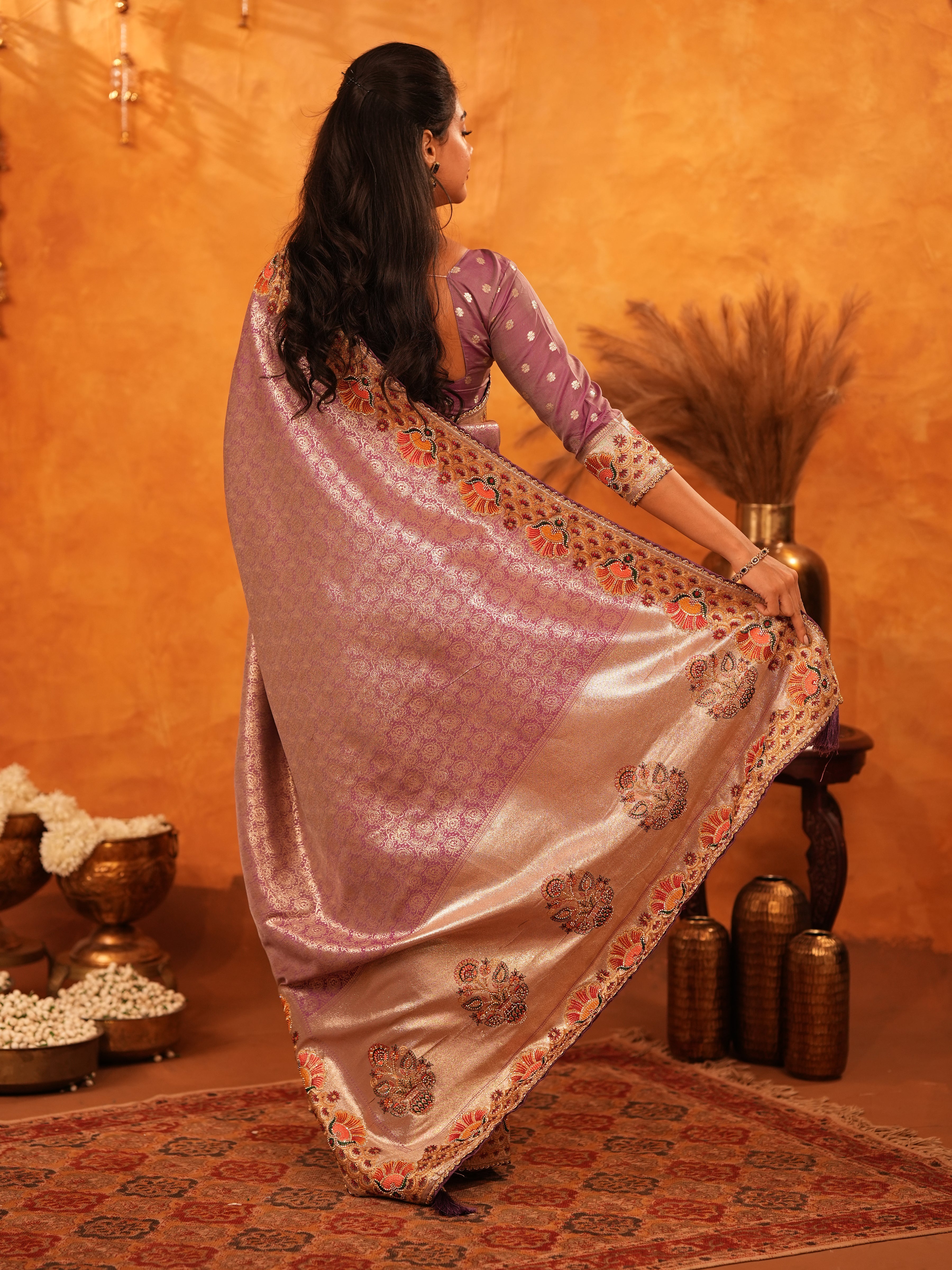 Lavender Purple Banarasi Silk Saree with Peacock Floral Embroidered Border & Zari Weaving | Premium Festive & Wedding Wear Designer Saree