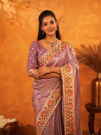 Lavender Purple Banarasi Silk Saree with Peacock Floral Embroidered Border & Zari Weaving | Premium Festive & Wedding Wear Designer Saree