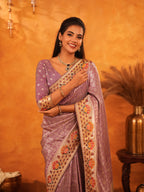 Lavender Purple Banarasi Silk Saree with Peacock Floral Embroidered Border & Zari Weaving | Premium Festive & Wedding Wear Designer Saree