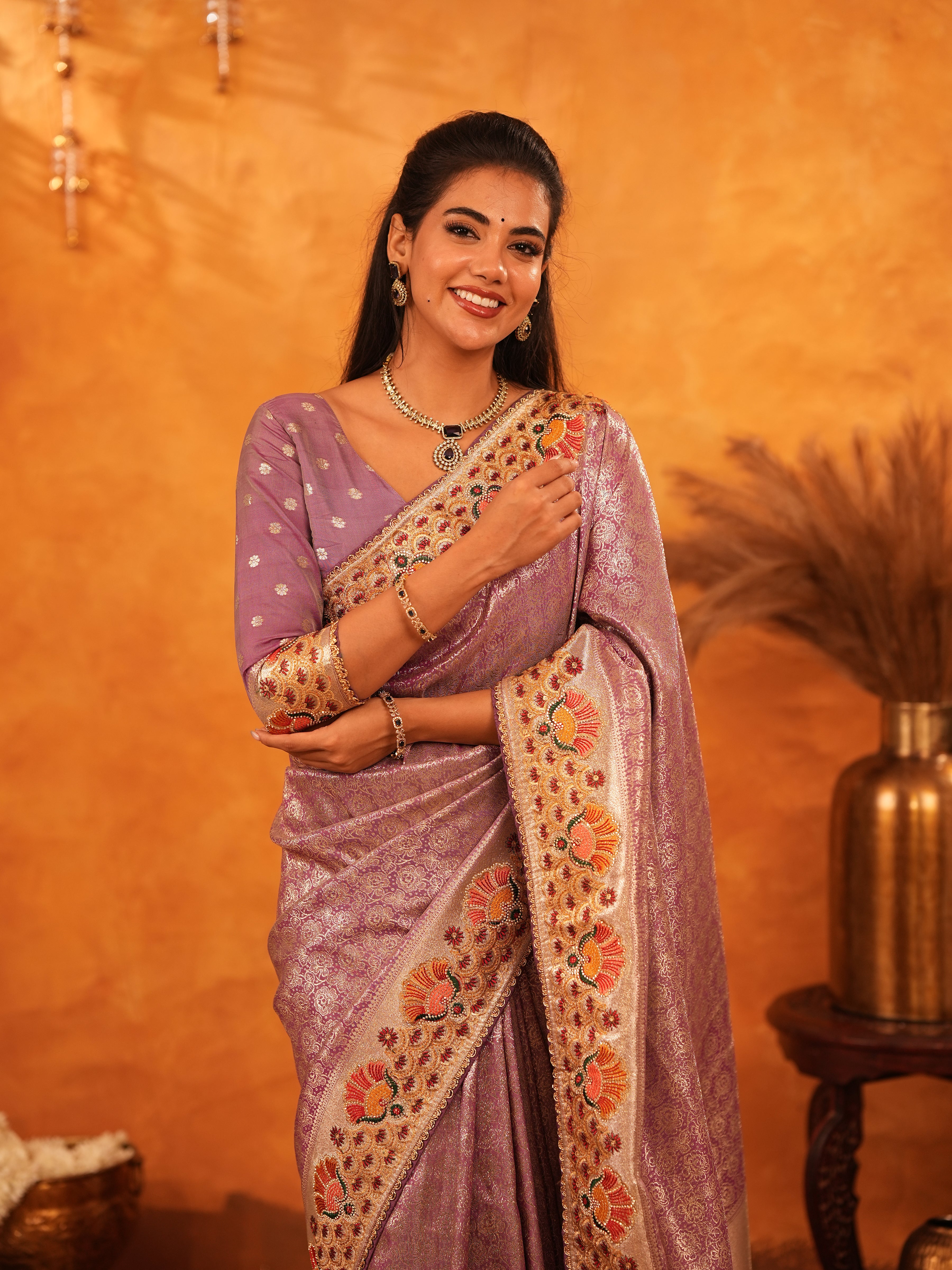 Lavender Purple Banarasi Silk Saree with Peacock Floral Embroidered Border & Zari Weaving | Premium Festive & Wedding Wear Designer Saree