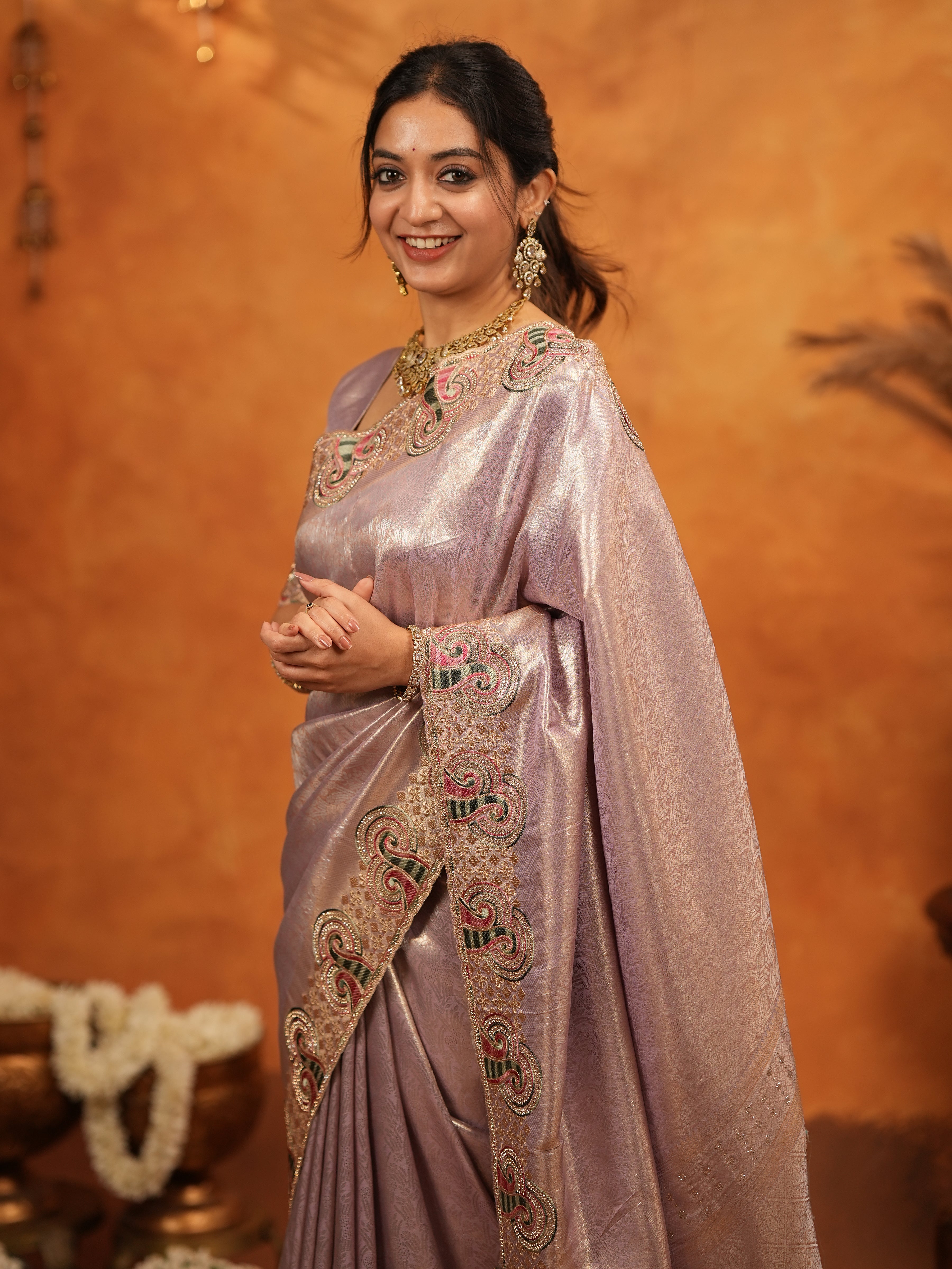 Mauve Pink Banarasi Silk Embroidered Saree with Paisley Border & Zari Weaving | Heavy Embroidered Blouse with Tassels | Wedding & Festive Wear Saree