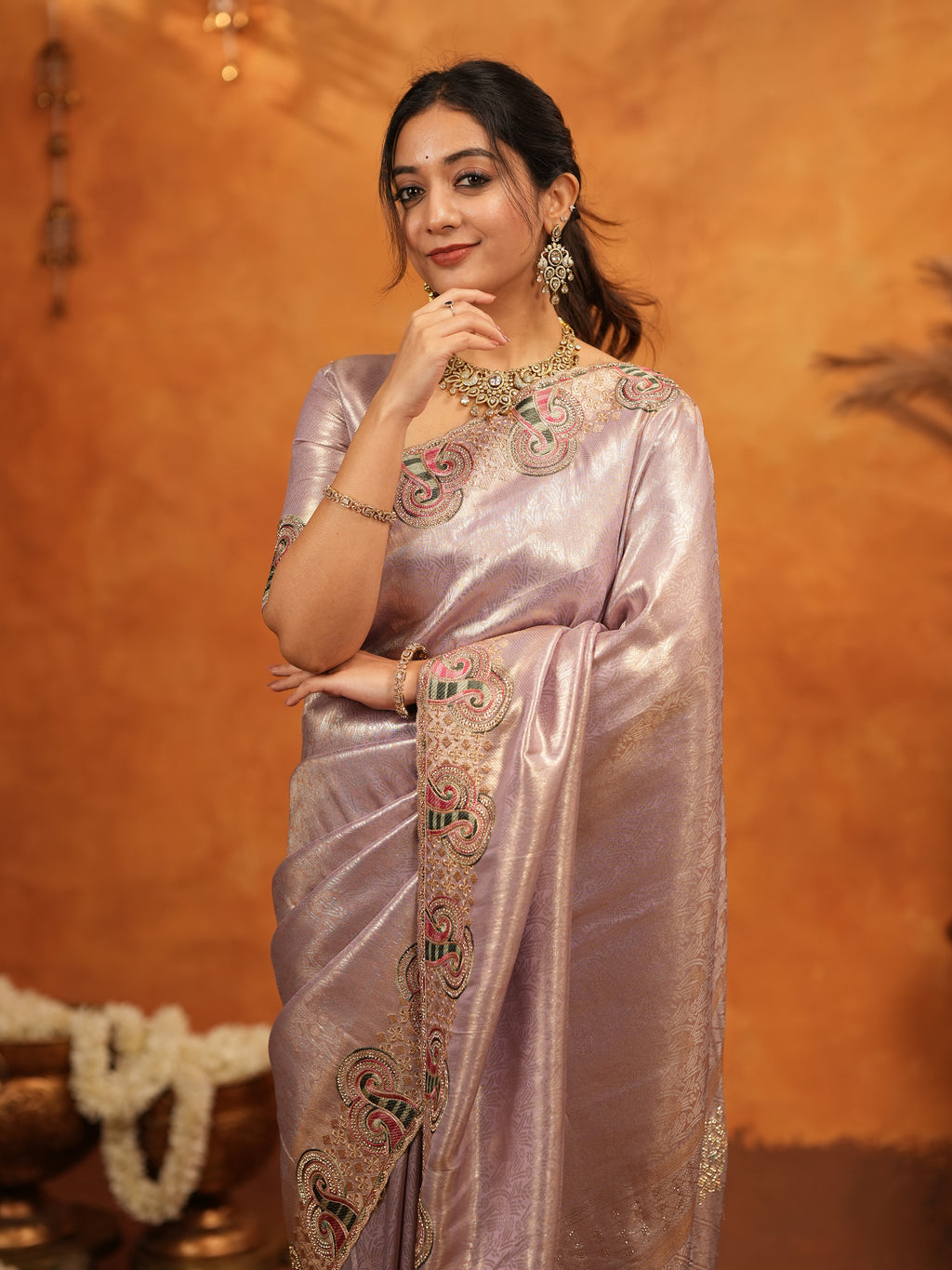 Mauve Pink Banarasi Silk Embroidered Saree with Paisley Border & Zari Weaving | Heavy Embroidered Blouse with Tassels | Wedding & Festive Wear Saree