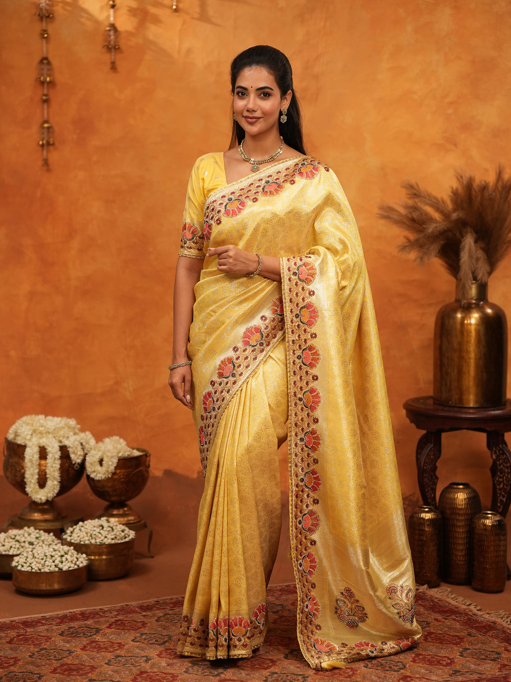 Royal Mustard Yellow Banarasi Silk Saree with Peacock Floral Embroidered Border & Zari Weaving | Festive Wedding Wear Designer Saree