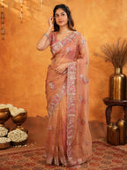 Peach Blush Fendy Satin Embroidered Saree with Multicolor Floral Border & Tassels | Elegant Designer Saree with Heavy Embroidered Blouse