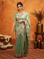 Sea Green Banarasi Silk Embroidered Saree with Paisley Border & Zari Weaving | Heavy Embroidered Blouse with Tassels | Wedding & Festive Wear Saree