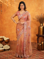 Peach Blush Fendy Satin Embroidered Saree with Multicolor Floral Border & Tassels | Elegant Designer Saree with Heavy Embroidered Blouse