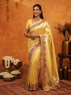 Royal Mustard Yellow Banarasi Silk Saree with Peacock Floral Embroidered Border & Zari Weaving | Festive Wedding Wear Designer Saree
