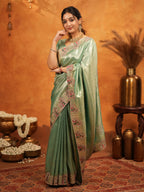 Sea Green Banarasi Silk Embroidered Saree with Paisley Border & Zari Weaving | Heavy Embroidered Blouse with Tassels | Wedding & Festive Wear Saree