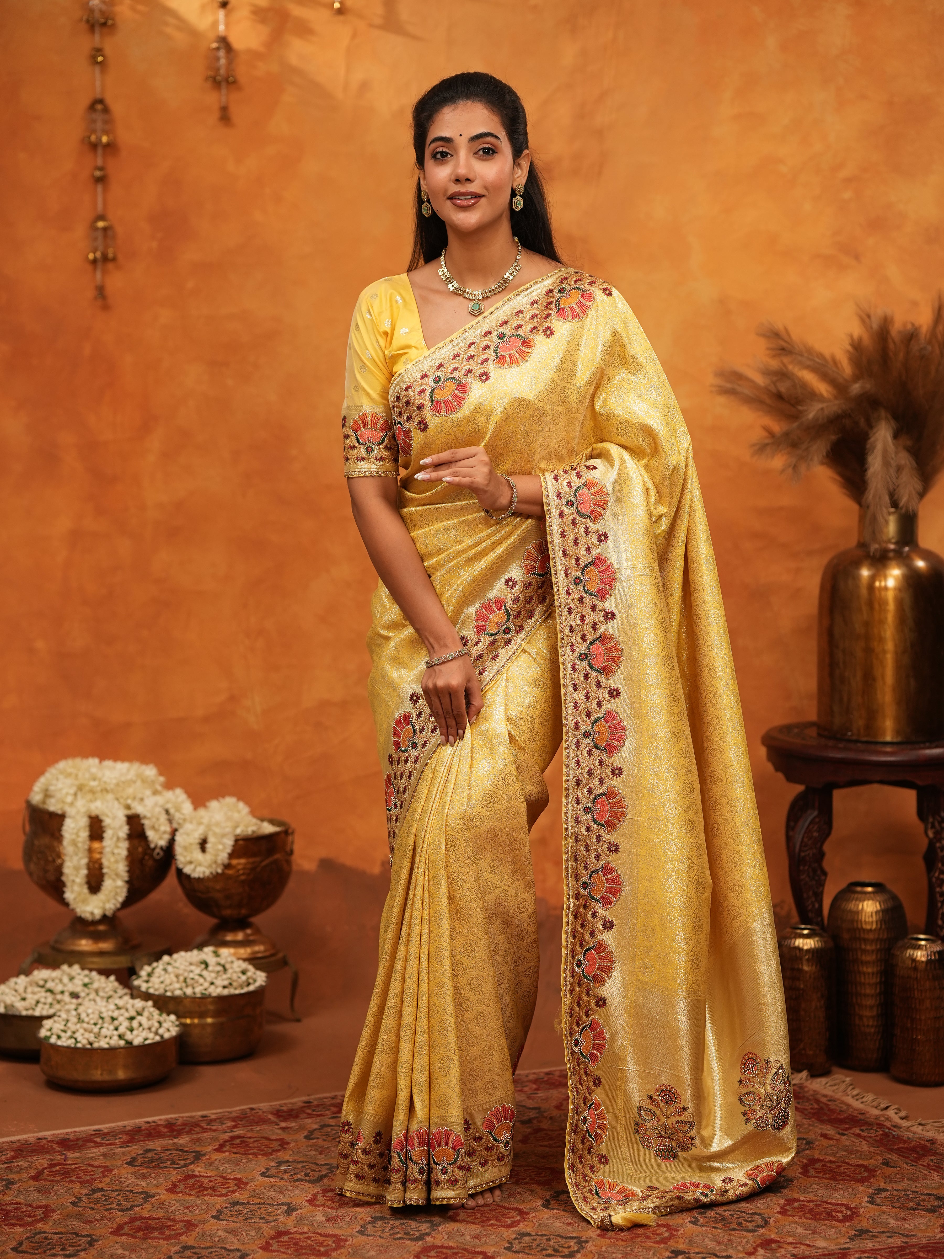 Royal Mustard Yellow Banarasi Silk Saree with Peacock Floral Embroidered Border & Zari Weaving | Festive Wedding Wear Designer Saree