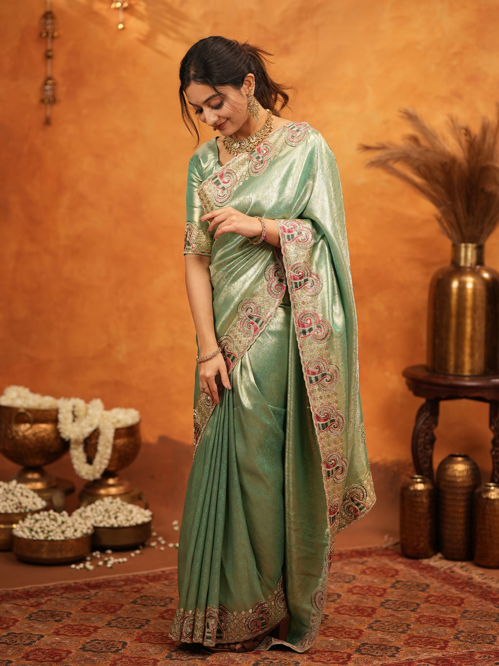 Sea Green Banarasi Silk Embroidered Saree with Paisley Border & Zari Weaving | Heavy Embroidered Blouse with Tassels | Wedding & Festive Wear Saree