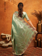 Sea Green Banarasi Silk Embroidered Saree with Paisley Border & Zari Weaving | Heavy Embroidered Blouse with Tassels | Wedding & Festive Wear Saree