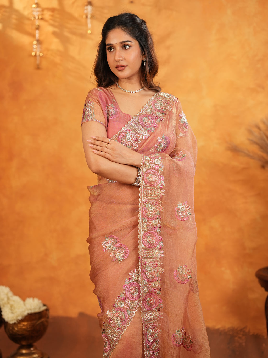 Peach Blush Fendy Satin Embroidered Saree with Multicolor Floral Border & Tassels | Elegant Designer Saree with Heavy Embroidered Blouse