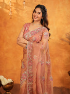 Peach Blush Fendy Satin Embroidered Saree with Multicolor Floral Border & Tassels | Elegant Designer Saree with Heavy Embroidered Blouse